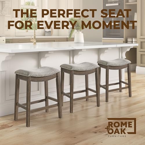ROME + OAK Parker 26-Inch Backless Counter Stool, Backless Saddle Kitchen Stool in Walnut Finish with Grey Fabric Upholstery Cushion Seat