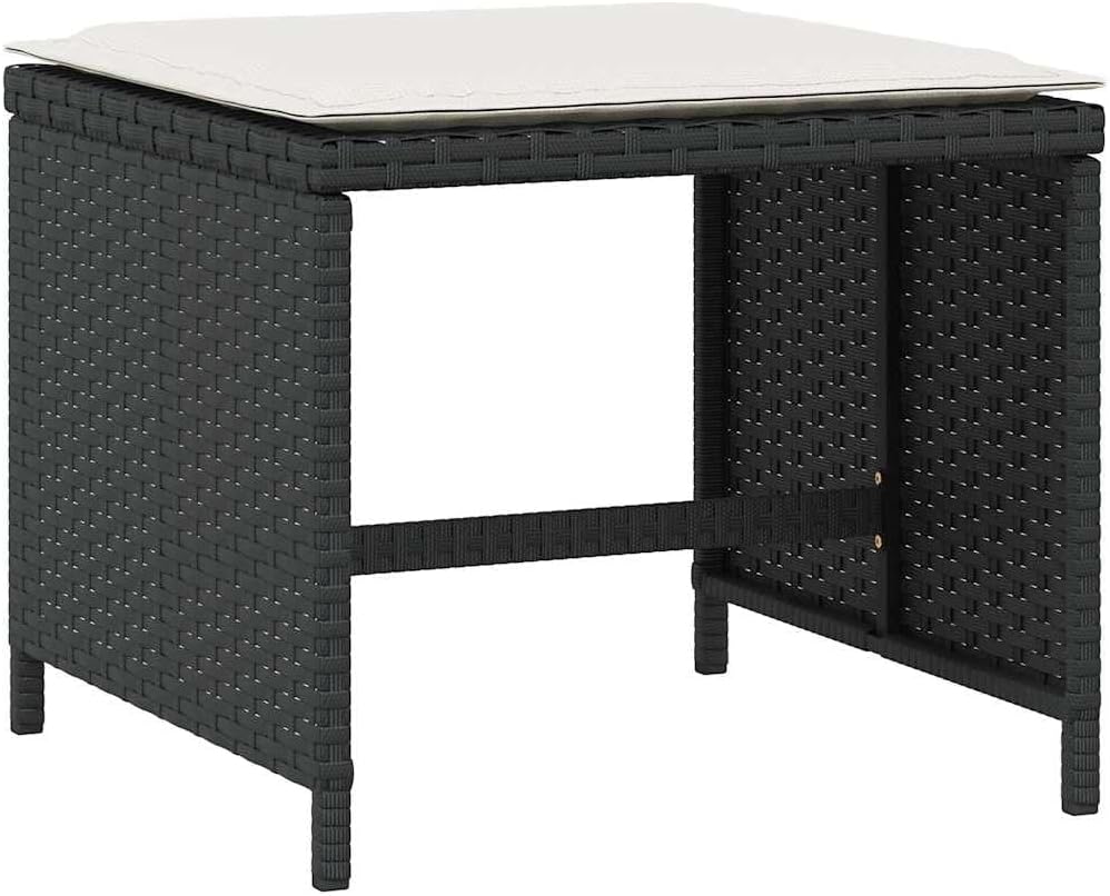 4-Piece Garden Stool Set with Cushions, Black and Cream, Square Outdoor Stools with Removable Polyester Cushions, Metal Frame and PE Rattan, 242.5 lbs Capacity per Stool for Patio