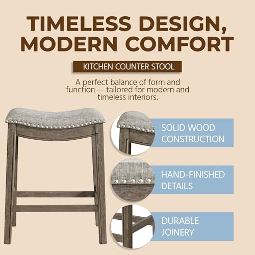 ROME + OAK Parker 26-Inch Backless Counter Stool, Backless Saddle Kitchen Stool in Walnut Finish with Grey Fabric Upholstery Cushion Seat