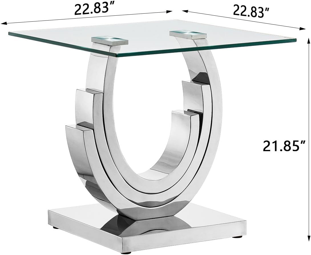 Luxury Glass End Table, 22.8" Sofa Side Table with Silver Ring-Shape Stainless Steel Frame and Clear Glass Top, Cocktail Tea Table, Modern Square End Table for Home Office