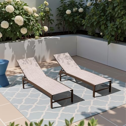 Crestlive Products Lounge Chair Outdoor Set of 2, Metal Pool Chaise Lounge Chairs, Adjustable Five-Position Tanning Recliner, All Weather for Patio, Beach, Yard, Pool (Beige)