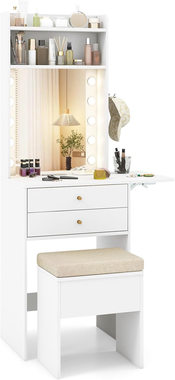COSTWAY Vanity Desk with Mirror and Lights, Narrow Dressing Table with Foldable Countertop, Padded Stool, 2 Drawers for Apartment, Dorm, Bedroom, Makeup Vanity Set for Girl, Teen, Women (White)