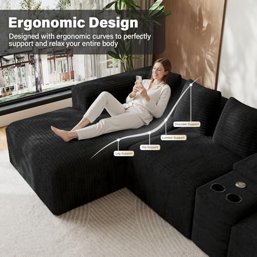 ONEMMLION 143" Oversized Cloud Sectional Couch for Living Room, Black | Corduroy, Fluffy Big U-Shaped Modular Sofas, Memory Foam, 19" Comfort-Height Seating, Cup Holder, USB Port, Storage Console