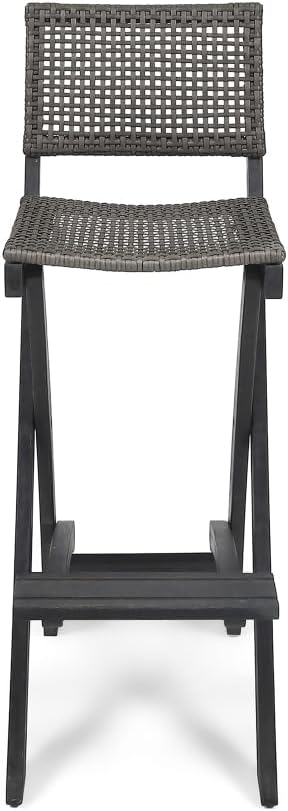 Saiveina 41.75" Outdoor Folding Acacia Wood Barstools with PE Rattan Backrest and Seat, Dark Grey Finish (Set of 2)