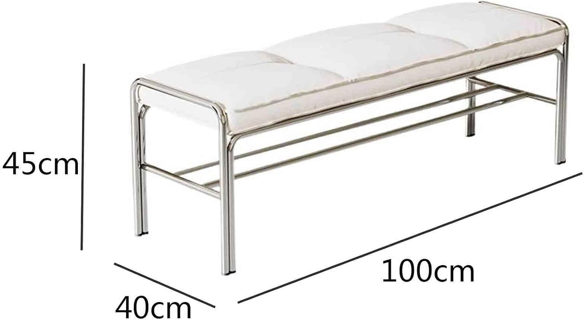 Modern Stainless Steel Long Bench with White Leather Cushion Home-use Soft-Padded Shoe Changing Stool Entryway(XS)