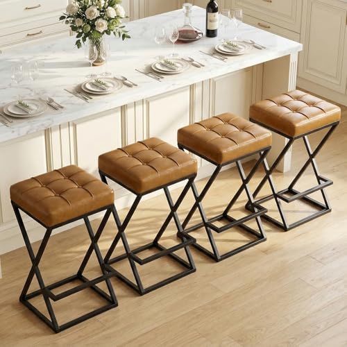 Bar Stools Set of 2, 26 Inch Counter Height Stool Faux Leather Brown | Backless Counter Stools with X-Frame Metal Legs, 3.3" Upholstered Seat, Mid-Century Modern, for Kitchen Island, Home Bar