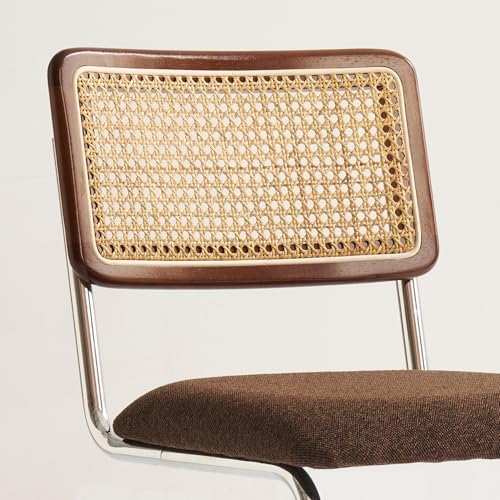 GrandNoor Natural Rattan Counter Height Stools Set of 3 with Solid Wood Back, 29 Inch Mid Century Modern Cesca Bar Stools, Brown Upholstery Boho Stool for Kitchen Counter with Chrome Metal Legs