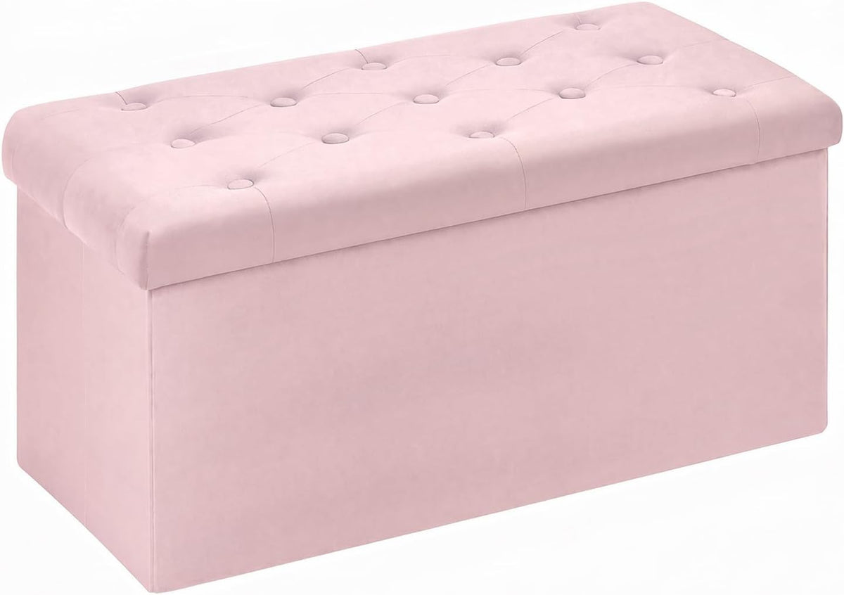 B FSOBEIIALEO Folding Storage Ottoman, Long Ottomans Shoes Bench, Velvet Storage Chest Footrest Seat 31.5"x15.7"x15.7" (Pink, Large)