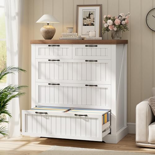 SEDETA Farmhouse File Cabinet with 5 Drawers, Filing Cabinet for Home Office, Wood Office File Cabinets for Letter/Legal/A4 Size, File Cabinets with Printer Stand, White and Brown