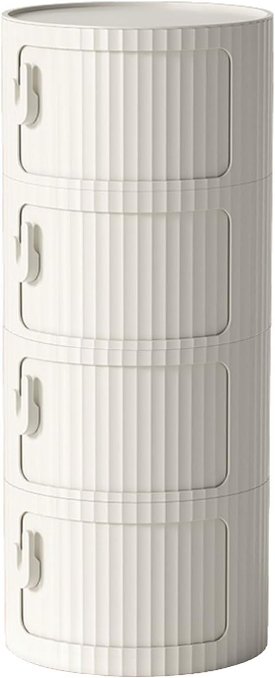 2/3/4 Tier Round Nightstand with Drawers, Round Bedside Table Plastic Nightstand Storage, Multifunctional End Table Storage Cabinet with Sliding Door, for Living Room, Bedroom, Bathroom(White,4 Tier)