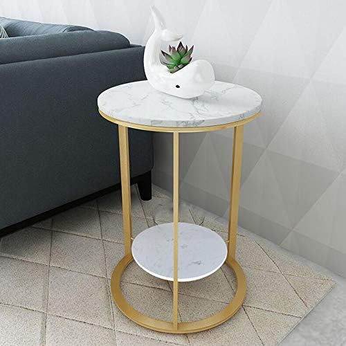 Telephone Table, 2 Layer White Marble Print Side Table,with Gold Metal Frame,Telephone Tables,Sofa Table Small Round Side Tables,Living Room Bedroom Tables (Gold+white-15.74 * 21.65in