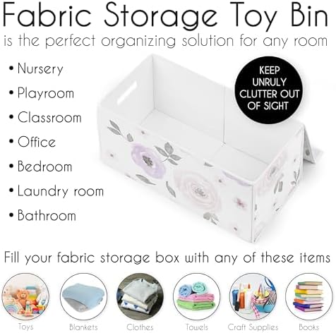 Sweet Jojo Designs Purple Watercolor Floral Girl Small Fabric Toy Bin Storage Box Chest For Baby Nursery or Kids Room - Lavender, Pink and Grey Shabby Chic Rose Flower
