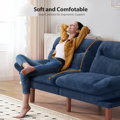 Pipishell Futon Sofa Bed, Modern 66" Futon Couch Convertible to Bed & Lounger, Compact Size, Corduroy Loveseat, Durable Construction - Fits Small Spaces, Apartments,Study Room (Blue, 66 Inch)
