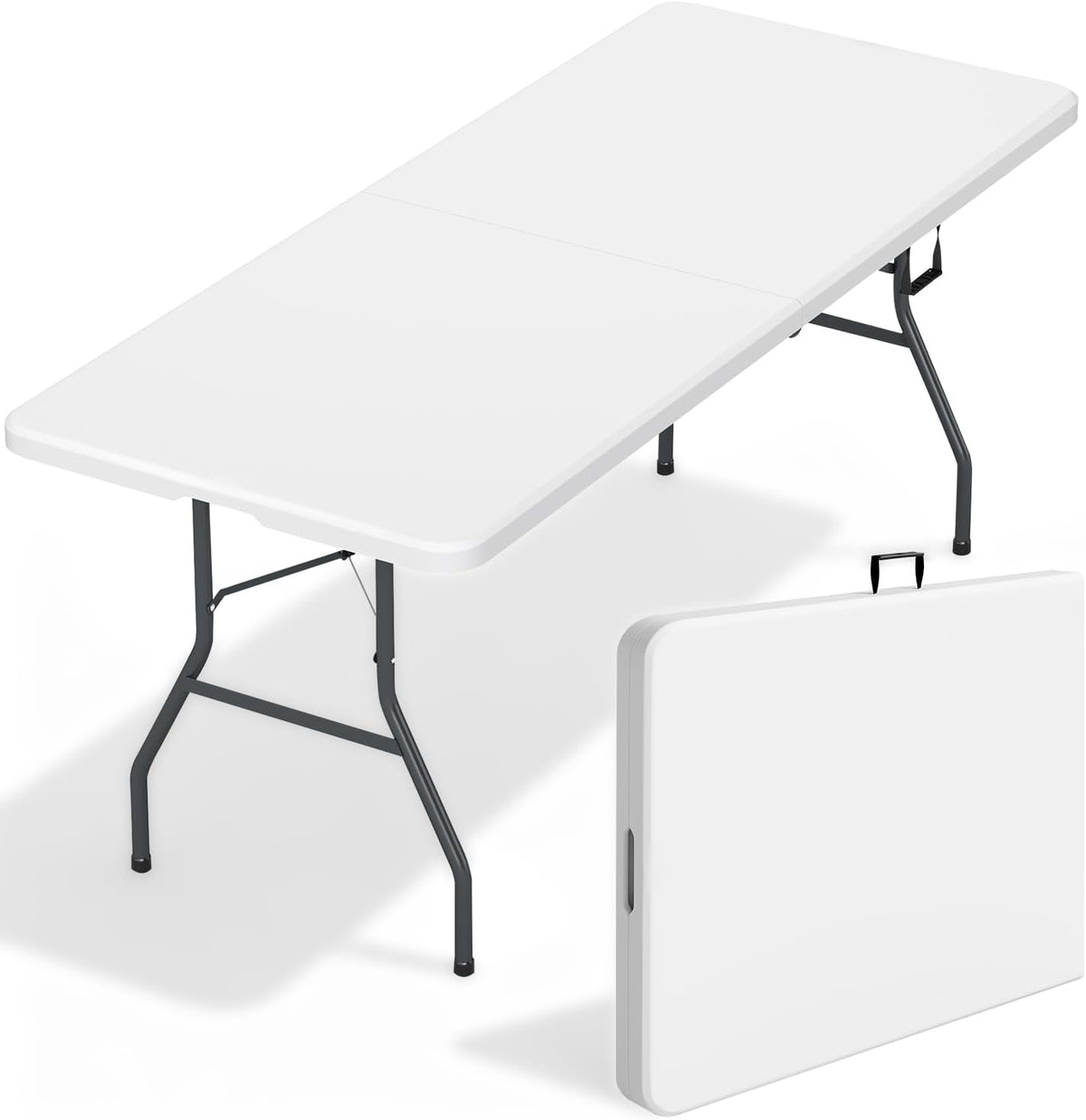 FDW | 6FT Folding Table | White | Portable Plastic Table | with Carry Handle | Waterproof & Foldable Table Design | Steel Frame with Lock | for Events, Camping, Indoor & Outdoor Use
