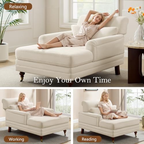 VANOMi 59.45'' Chaise Lounge Chair with Adjustable Backrest, Chenille Beige | Chaise Lounge Chair Indoor, Modern Chaise Lounge Couch, Upholstered Leisure Recliner for Living Room, Apartment, Bedroom
