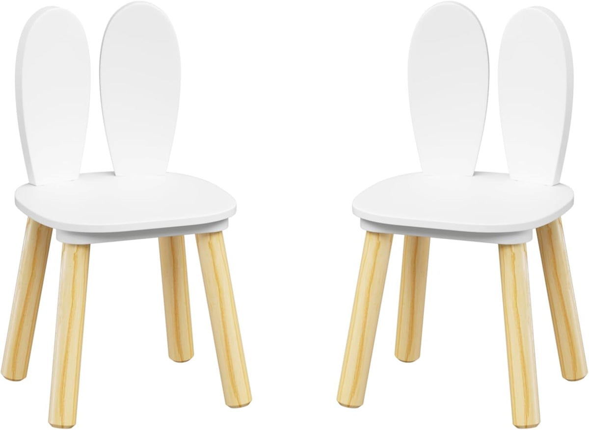 Rabbit Ear Kids Table and Chairs Set for Toddlers - White Wooden Childrens Play Table with 2 Chairs, 23.6 inch Kids Desk with Rounded Corners for Playroom (Solid Wood+MDF, White(Rabbit Ear))