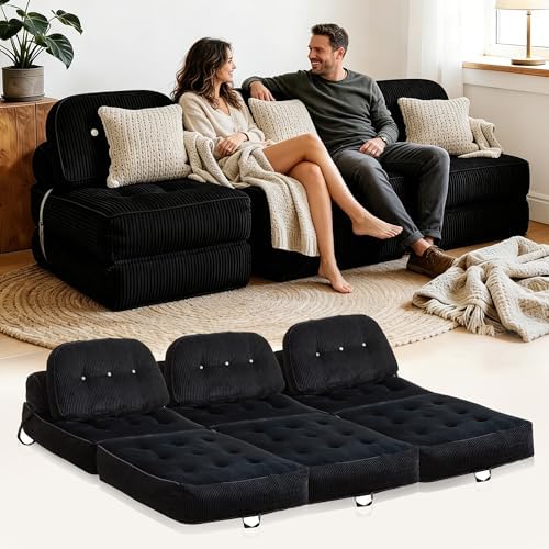 Folding Futon Sleeper Sofa Bed Chair, No Assembly, Black 3 | Dual-layer flannel corduroy| Anti-collapse foam| Pillow and blanket included| Side pockets| Ergonomic for lounging
