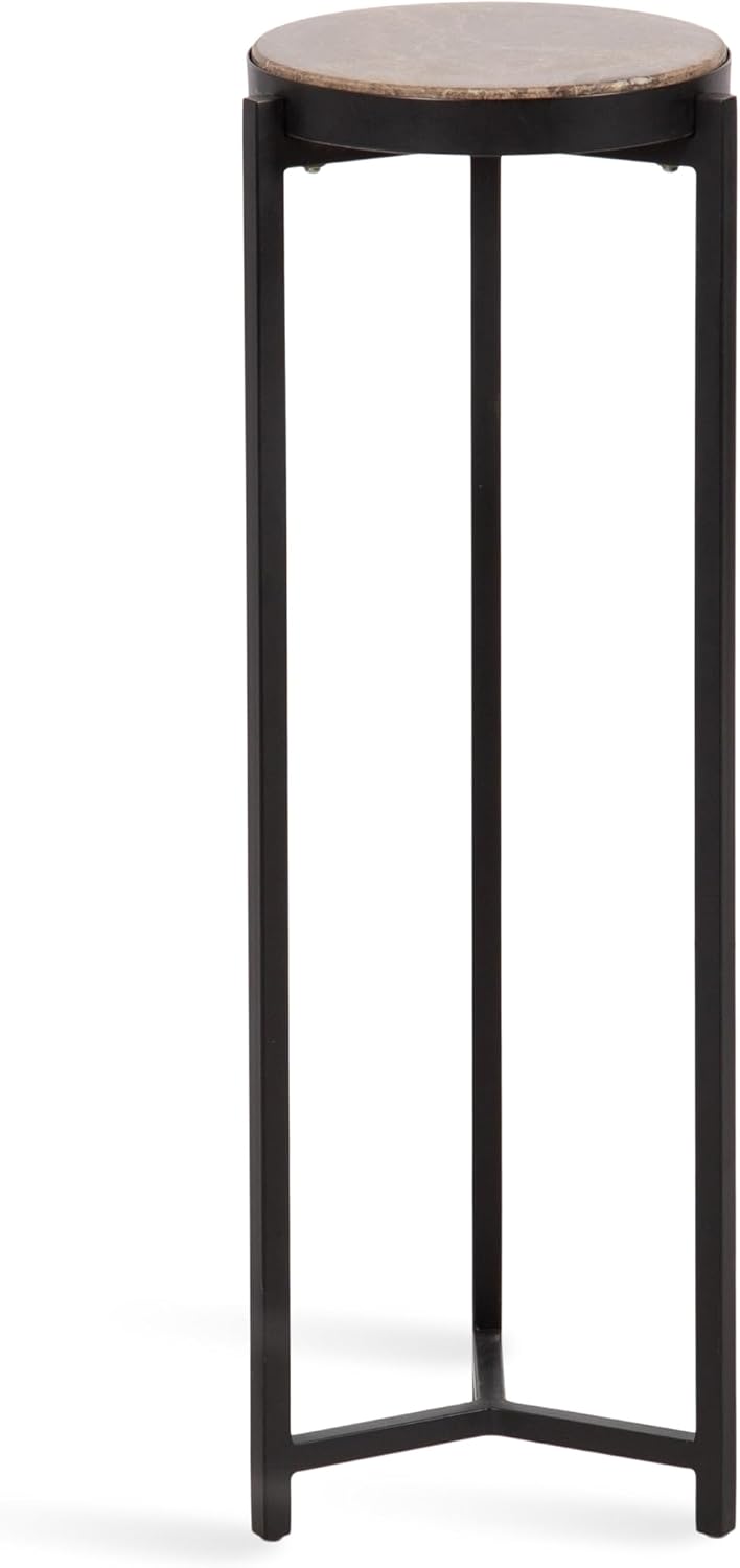 Kate and Laurel Aguilar Modern Round Drink Table, 9 x 9 x 23, Emperador Brown Marble and Black, Genuine Marble Accent Table for Use as Indoor Plant Stand or Pedestal Martini Table