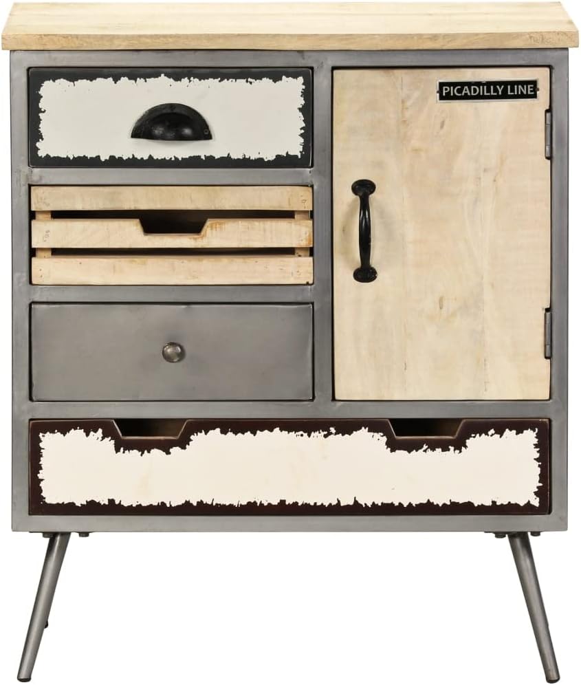 Mid-Century Modern Sideboard with Natural Mango Wood and Steel Accents, 4 Drawers and Spacious Cupboard for Living Room Dining Room Storage, Industrial Style Furniture