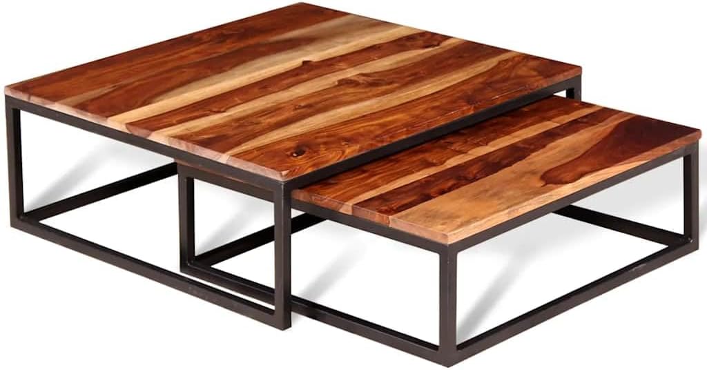 2 Piece Nesting Coffee Table Set Solid Acacia Wood | Retro Industrial Style, Metal Frame, Space Saving, for Living Room Bedroom