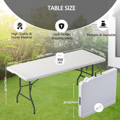 6ft Table Large Folding Table White Folding Table with Portable Carrying Handle 6ft Heavy Plastic Foldable Table for Party, Wedding, Events, Dining, Camping, Picnic Indoor (White, 4 Pcs)
