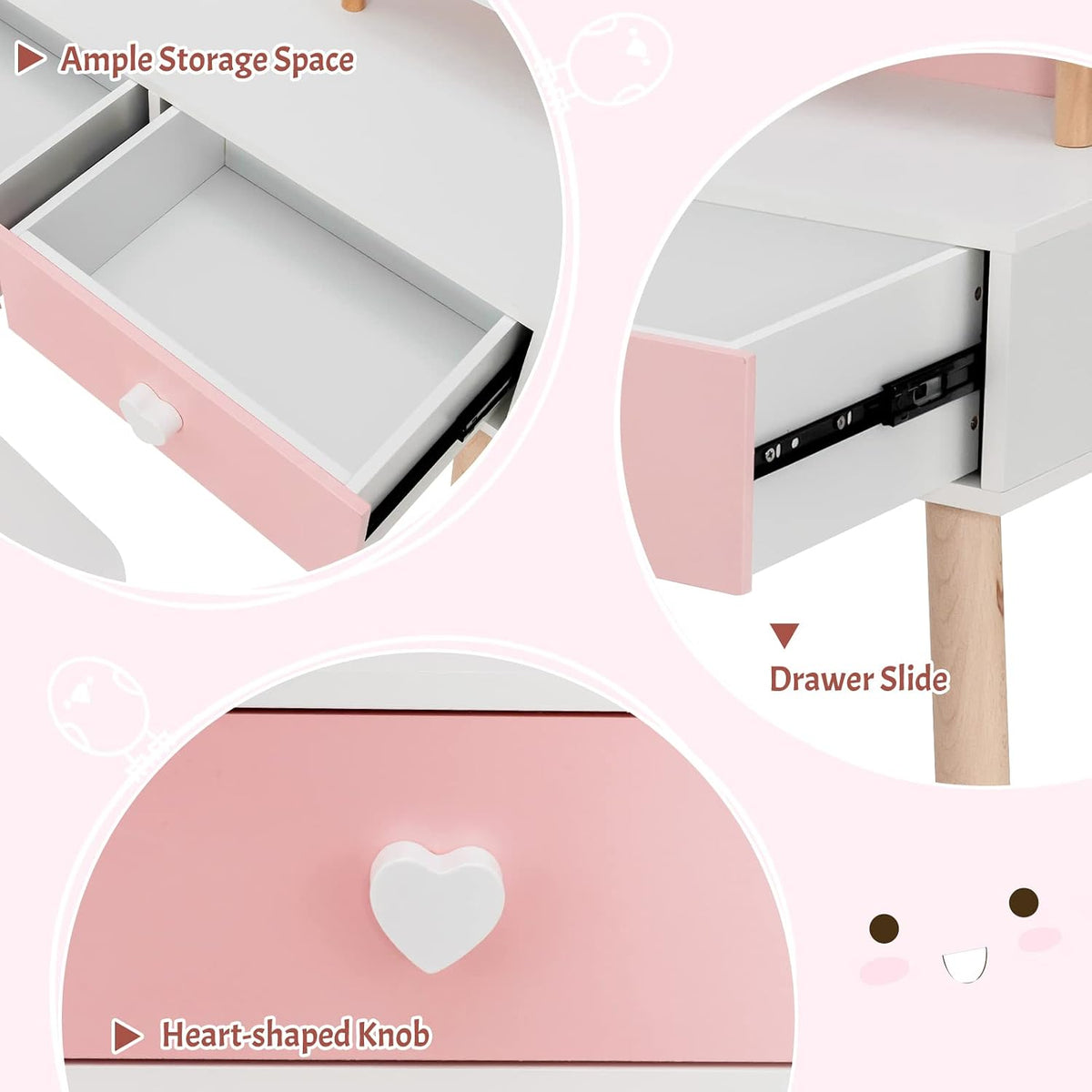 INFANS Kids Vanity Set, 2 in 1 Wooden Princess Makeup Table and Chair with Mirror Storage Drawers Shelf, for Little Girls, Rabbit Themed Toddler Dressing Desk Beauty Play Set Gift