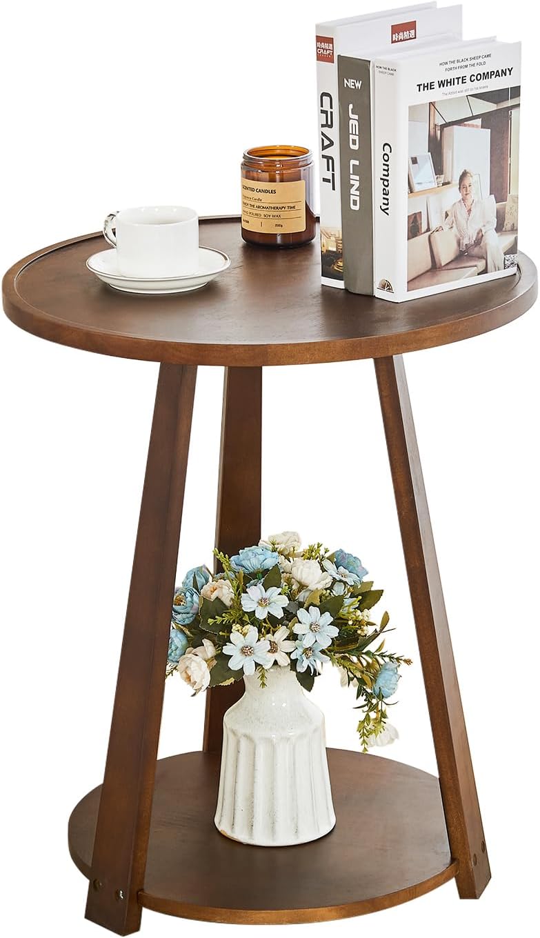 Round Living Room End Table - Walnut Solid Wood Round Side Table with Lower Shelf for Living Room Couch, Bedroom Nightstand