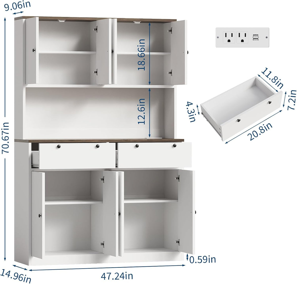 GarveeHome 71" Tall Kitchen Pantry Cabinet with Charing Station | 2 Drawers, 47" w Kitchen Pantry Storage Cabinet with Countertop, Food Hutch with Microwave Stand for Dining Room Living Room