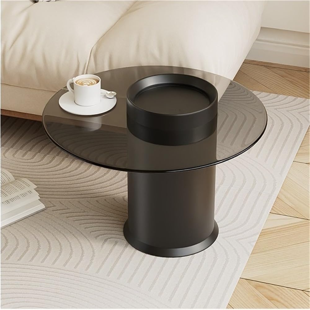 Modern Round Coffee Table with Tempered Glass Top, Small Metal Accent End Table with Tray Design for Living Room, Bedroom, or Office, 23.6''W* 17.7''H(White B)