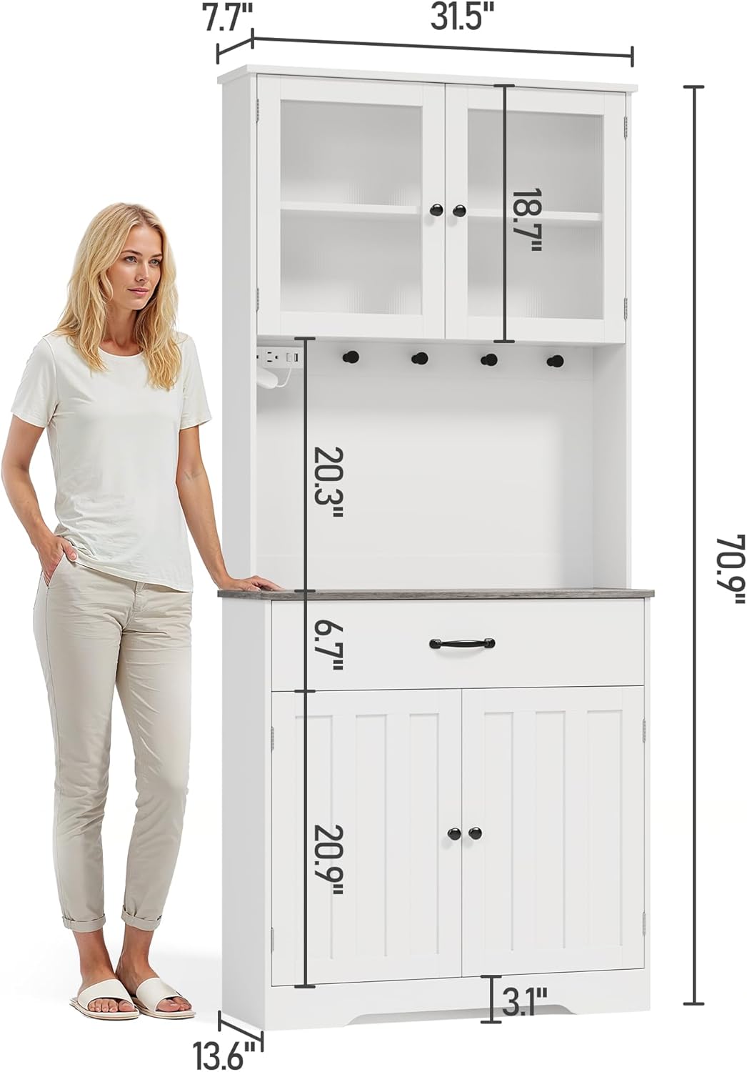 Gizoon 71" H Pantry Cabinet with LED Lights, Tall Farmhouse Kitchen Storage Cabinet with Charging Station, Modern Coffee Bar with Doors and Drawers, for Dining Room, Tabletop-Grey