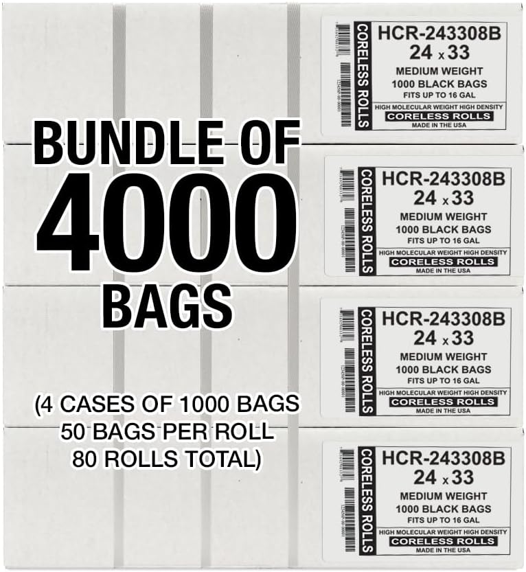 Aluf Plastics High Density Trash Bags, 16 Gallon, 4000 Count, 8 Micron (eq), 24" x 33", Black, for Bathroom, Office, Industrial, Commercial, Janitorial, Municipal, Recycling