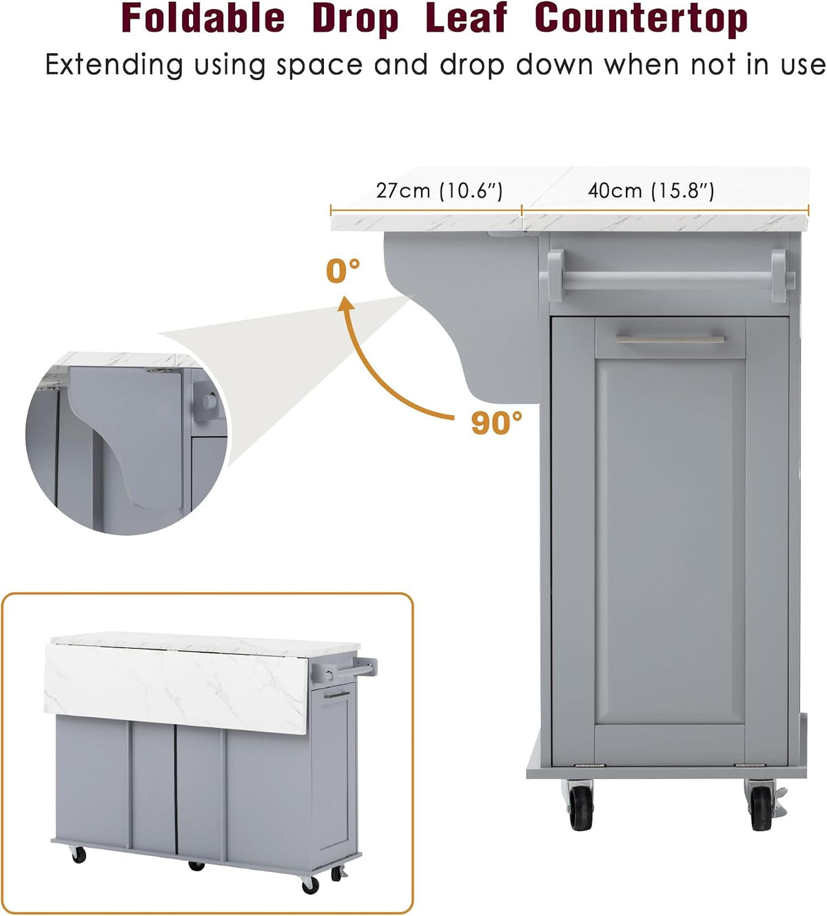 Rolling Kitchen Island Cart with Marble Countertop, Mobile Storage Kitchen Cabinet with Drawers & Cabinets for Small Kitchen Apartment