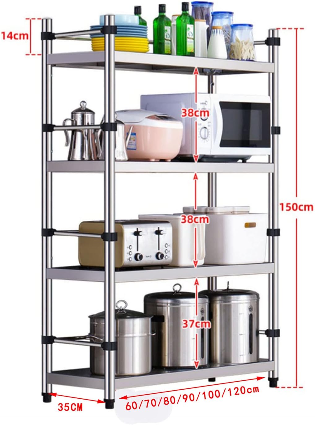 Microwave Shelf, Microwave Stand Baker's Rack with Hooks and Metal Frame 4-Tier Multi-Functional Storage Shelves,120cm