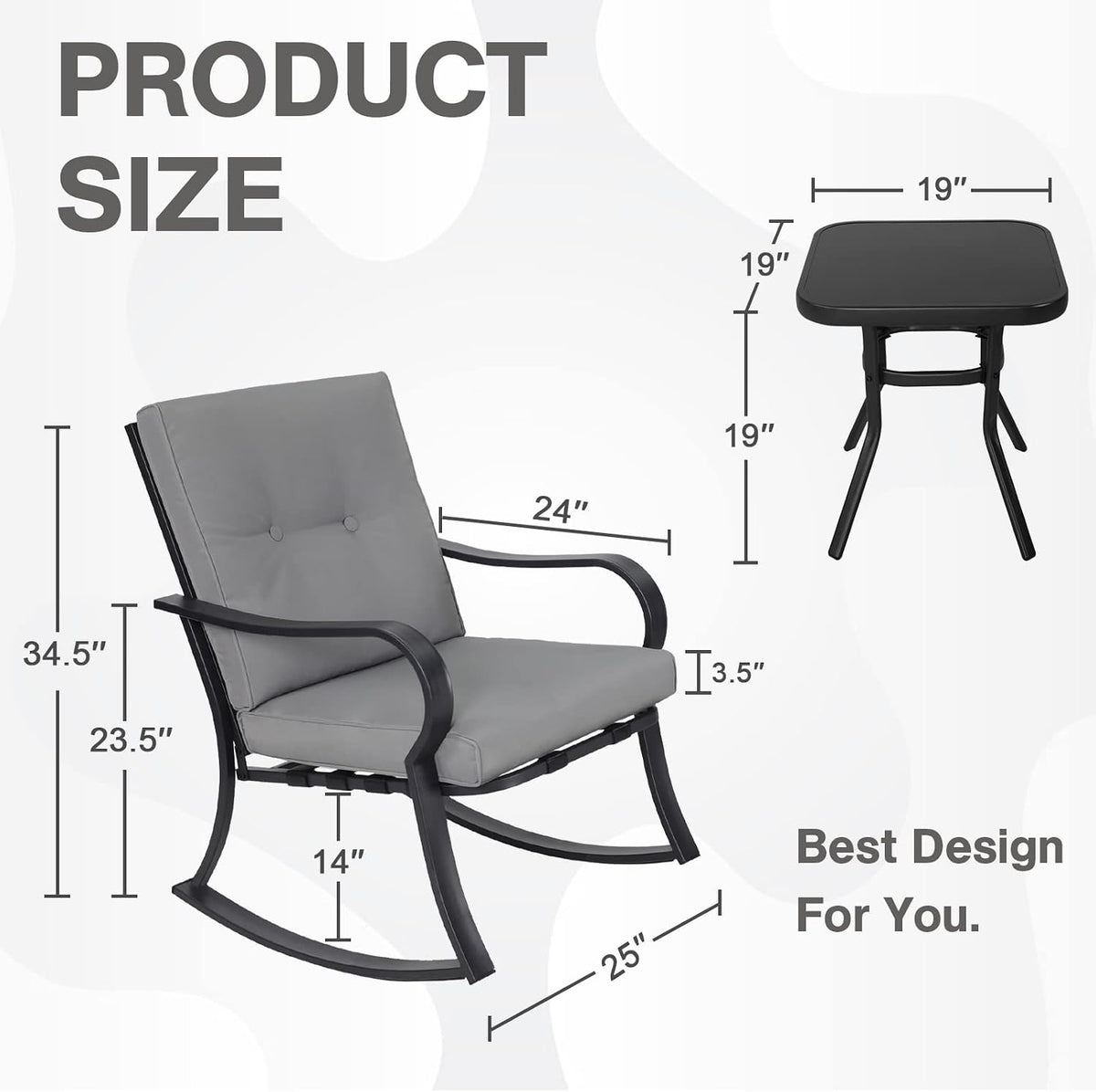 Outdoor 3-Piece Rocking Chairs, Patio Bistro Furniture Set, 2 Black Steel Rocking Chairs with Cushion and Glass Top Coffee Table (Grey)