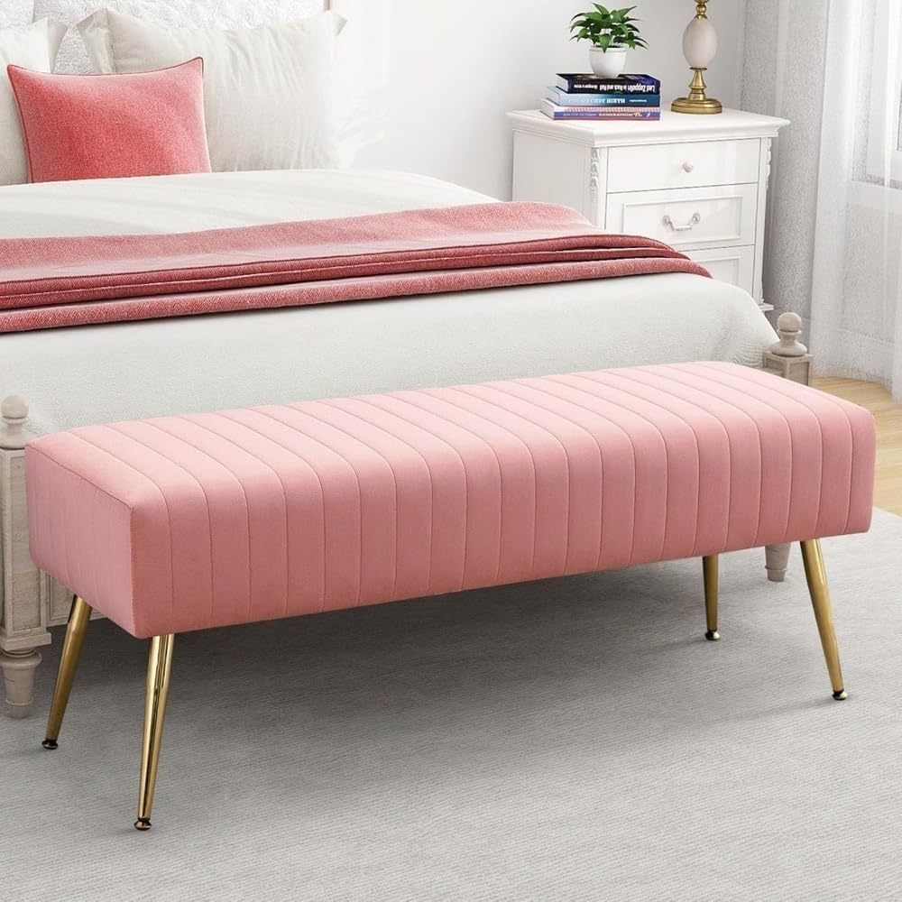 Modern Velvet Ottoman Bench Modern Upholstered Bedroom Benches Footrest Stool Indoor for Entryway Living Room Entryway(Green)
