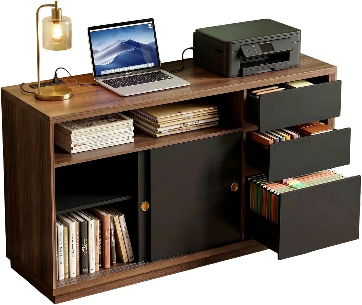 ModernMate 60" File Cabinet with 3 Drawer, Large Storage Sideboard, Filing Cabinet with Built-in Outlet and Adjustable Shelf for Living Room Study Home Office, 15.4" D x 60.2" W x 31.5" H