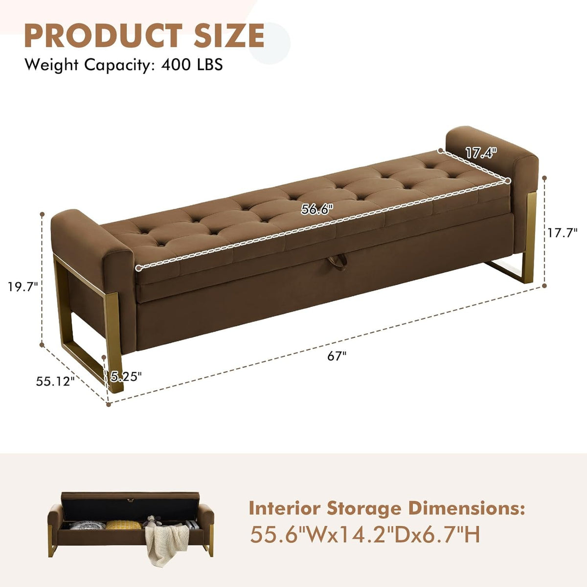 67" Storage Bench for Bedroom, King Size End of Bed Bench, Upholstered Storage Ottoman Bench with Golden Metal Legs, Bedroom Bench for Entryway, Brown