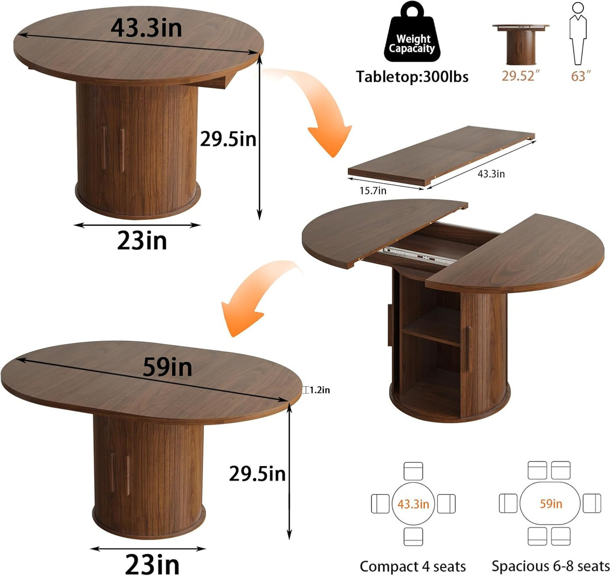 43"-59" Extendable Dining Room Table for 4-8, Round Expandable Kitchen Table with Fluted Sliding Door Cabinet, Modern Farmhouse Oval Dinner Tables for Dining Room Kitchen Living Room,Walnut