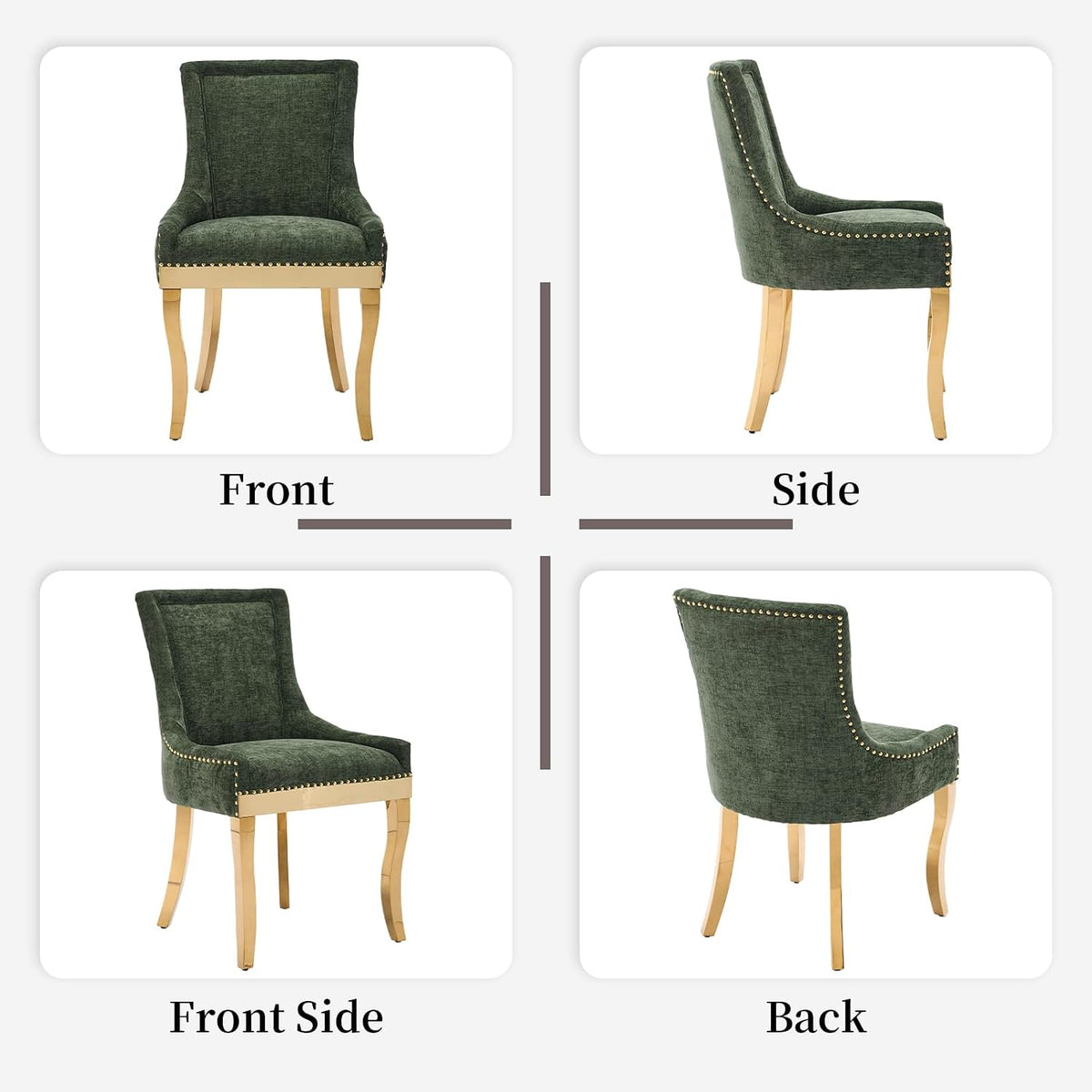 Upholstered Dining Chairs Set of 4, Chenille Fabric Dining Room Chairs with with Gold Stainless Steel Legs, Nailhead Trim, Modern Farmhouse Accent Chairs for Dining Room or Kitchen, Olive Green