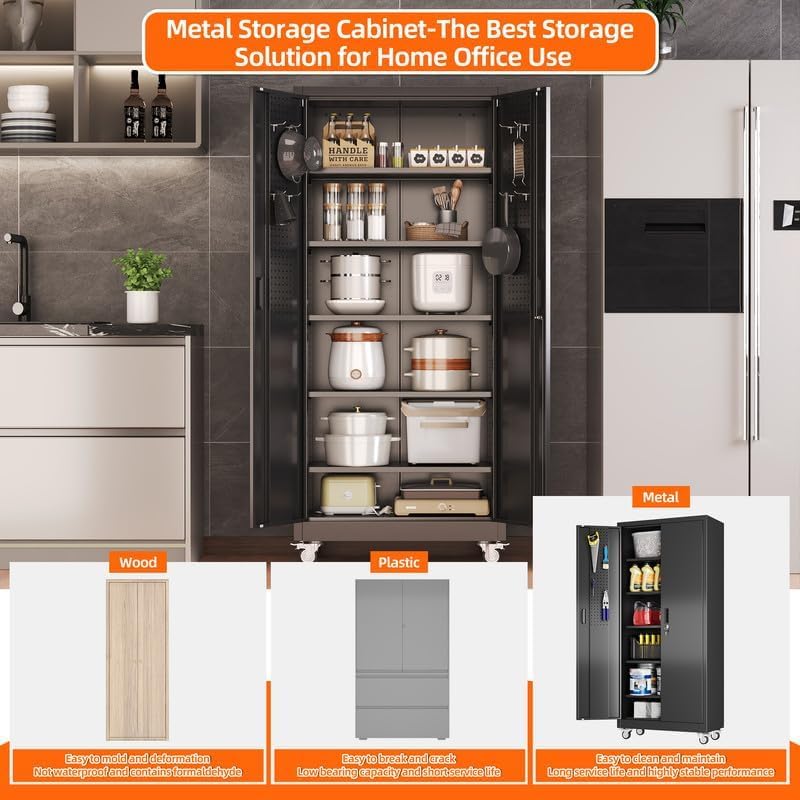 Aobabo Metal Storage Cabinet with Wheels and Door Pegboard | Garage and business storage for tools and office supplies; 5 adjustable shelves, lockable black cabinet, 16"D x 32"W x 71"H