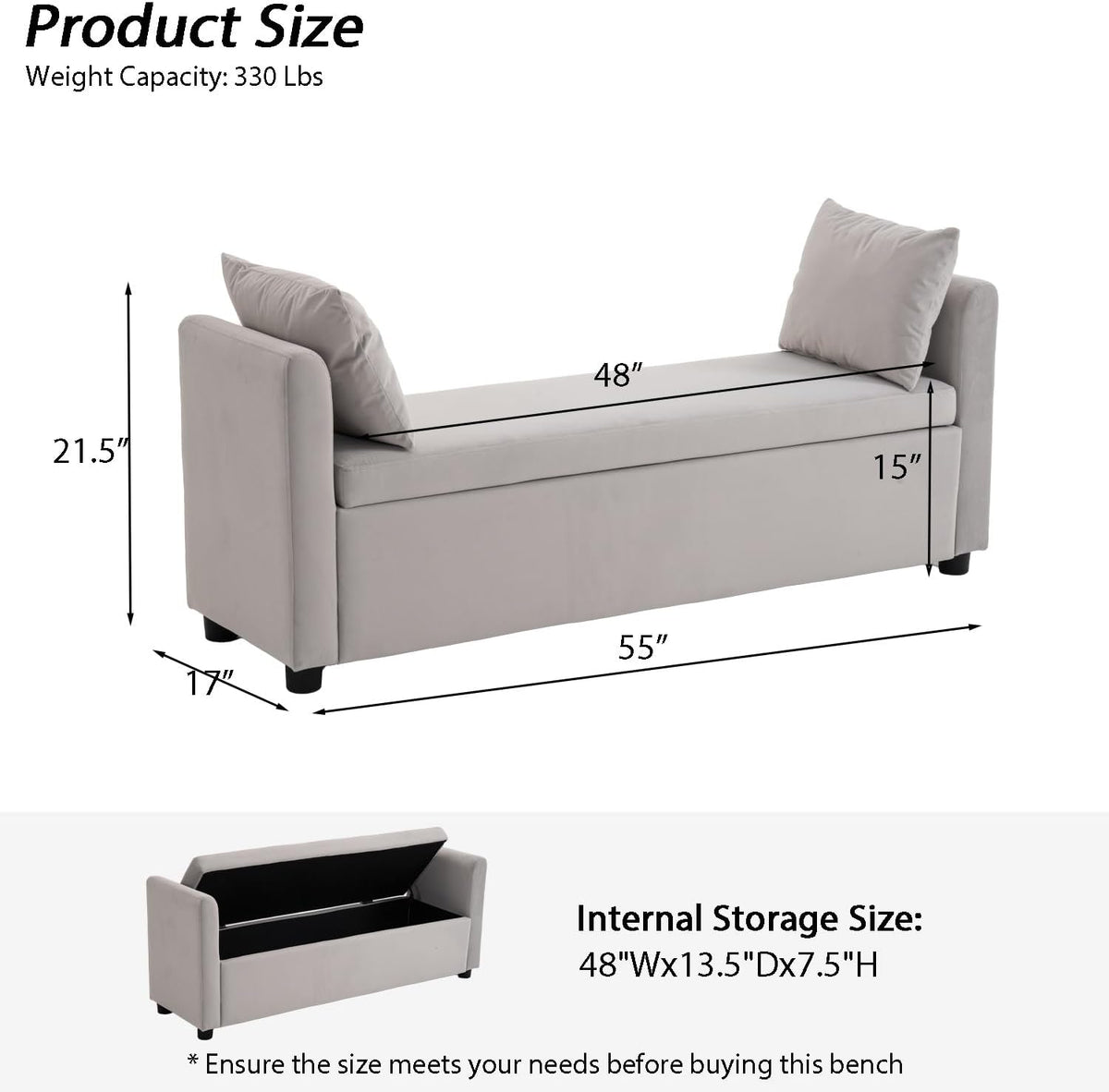 Storage Bench for Bedroom, 55" End of Bed Bench for King Size Bed, Modern Upholstered Long Ottoman Bench with Arms and 2 Pillows for Living Room/Entryway (Grey)