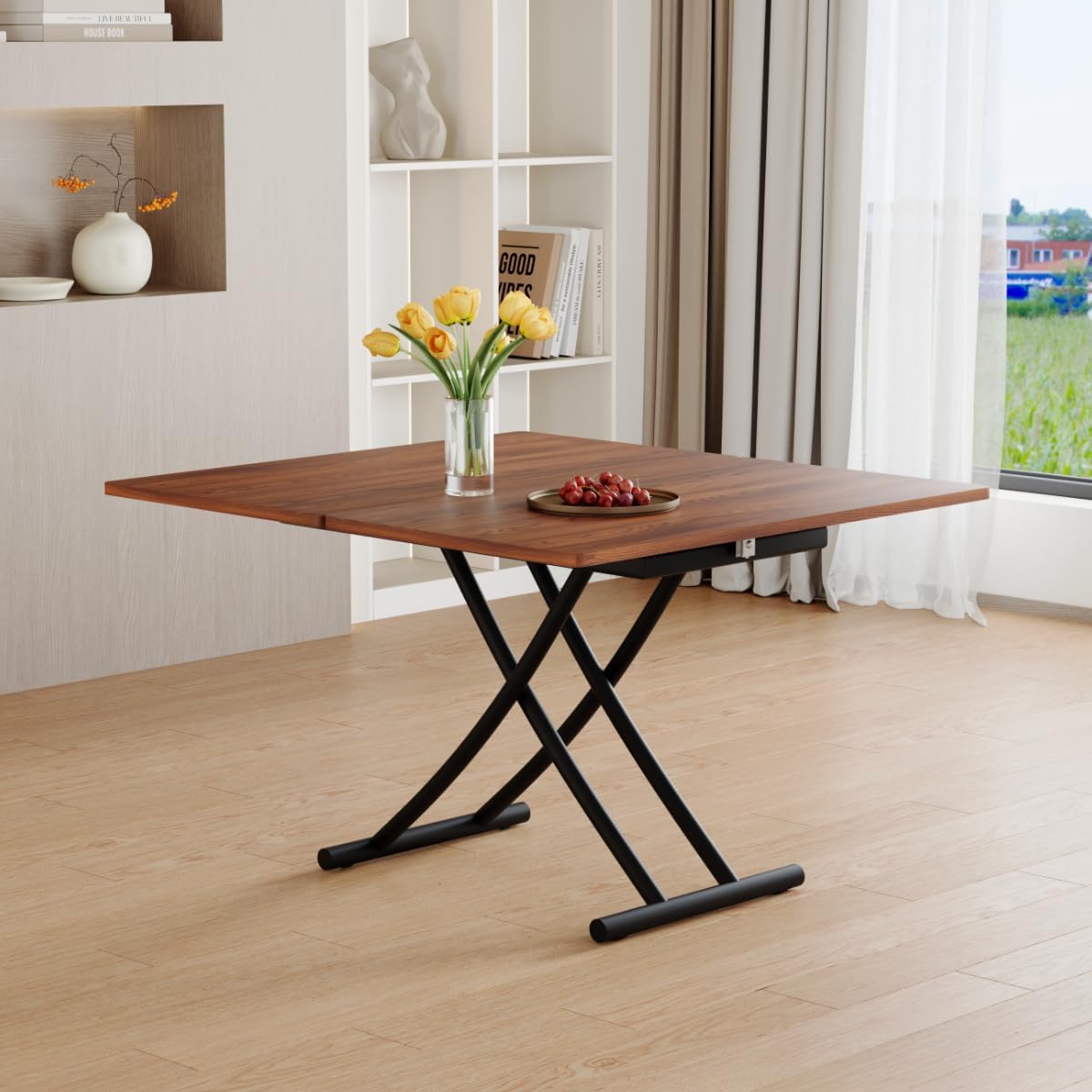 Liftable Folding Dining Table for 4, Adjustable Drop Leaf Table, Multi Functional Coffee Table for Small Spaces, Scratch-Resistant Wood Top with Metal Frame for Apartment Kitchen Living Room