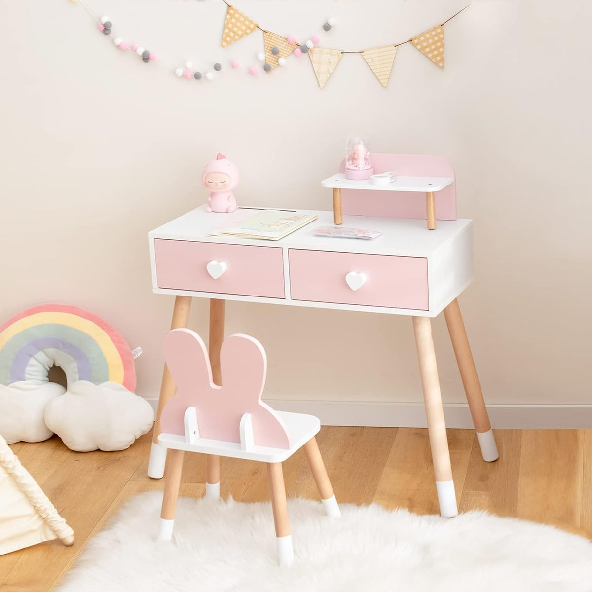 INFANS Kids Vanity Set, 2 in 1 Wooden Princess Makeup Table and Chair with Mirror Storage Drawers Shelf, for Little Girls, Rabbit Themed Toddler Dressing Desk Beauty Play Set Gift