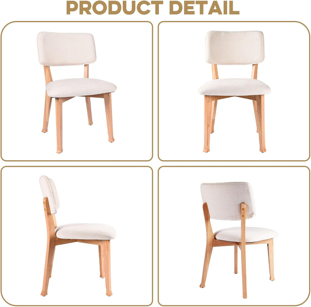 Wooden Dining Chairs Set of 2, Mid Century Modern Kitchen Chairs with Fabric Upholstered and Curved Backrest for Dining Room, Restaurant/Cafe, 300LBS Capacity, Natural