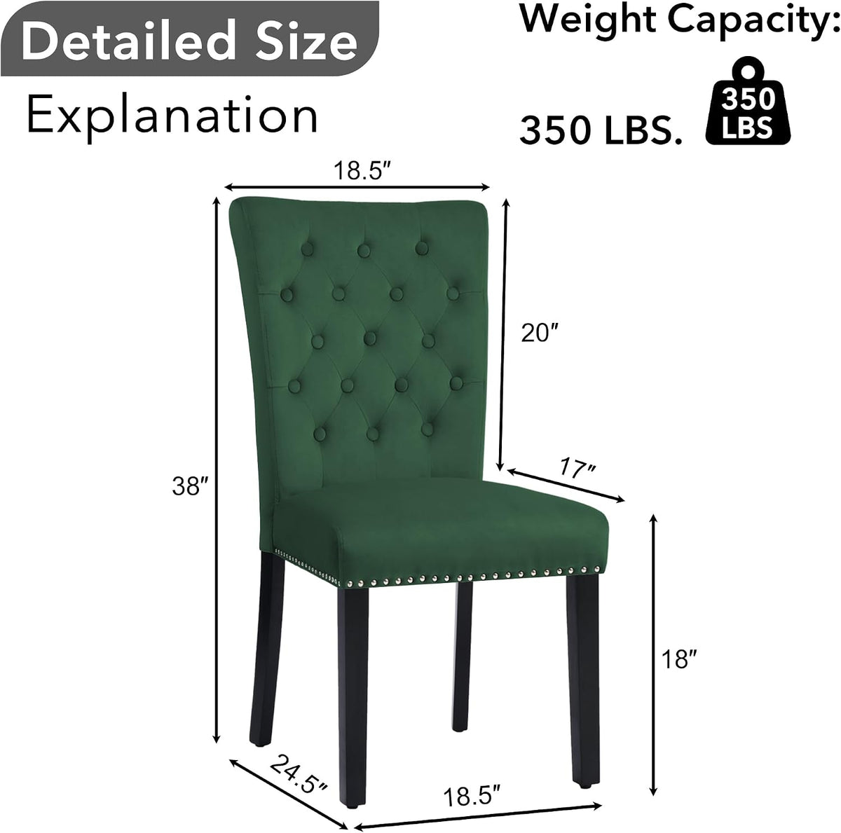 adochr Velvet Dining Chairs Set of 2, Parsons Kitchen Chair, Green | Wooden Legs & Nailed Trim, Upholstered Dining Room Chairs 350 LBS Capacity