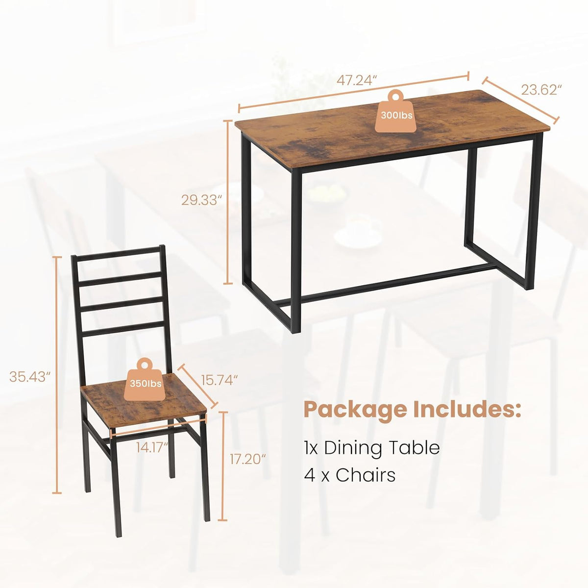 Kitchen Dining Table Set for 4, 5-Piece Kitchen Table and Chairs, Base Reinforcement Structure Dining Room Table Sets, Dining Table with 4 Chairs for Small Space, Dinette, Apartment