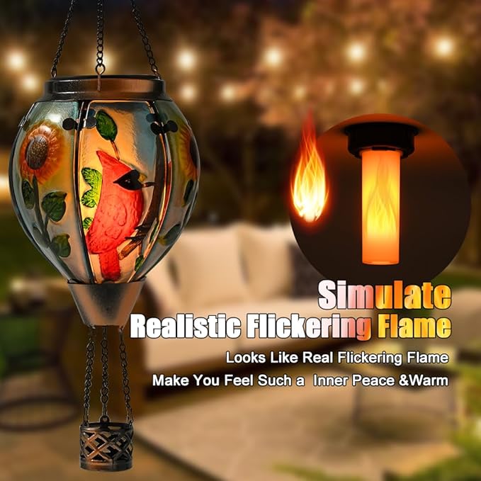 Hot Air Balloon Solar Lantern - Large Cardinal Bird Glass Lantern, Simulated Flickering & Dancing Flame, Big Outdoor Hanging Sunflower Yard Light Waterproof IP65 for Patio Lawn Porch Decor Gift