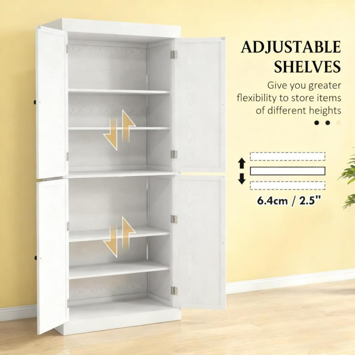 White Modern Style Freestanding Food Pantry Cabinet, Kitchen Floor Storage Cabinet with 4 Doors & 6-Tier Shelves, Dining Room Living Room Bathroom, 30x16x72.5 Inches