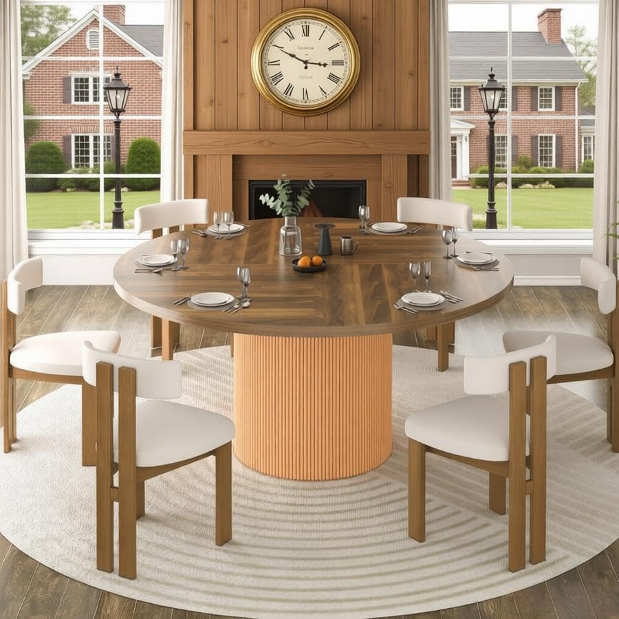 55 inch Round Dining Table for 4-6 People, Modern Farmhouse Dining Kitchen Table with Fluted Cylindrical Pedestal Base for Dining Room, Living Room, Kitchen, (Chairs Not Included)