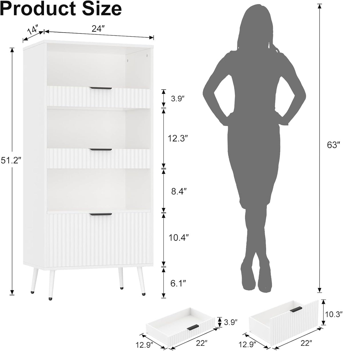 51" Tall Modern White Storage Cabinet, Freestanding Kitchen Pantry Cabinet, Buffet Sideboard Hutch, Snack Linen Cabinet for Kitchen, Dining Room,Bathroom, Office